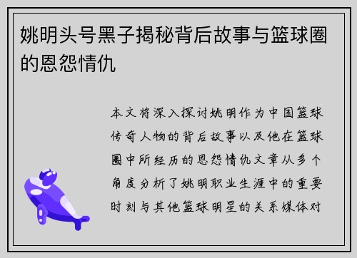 姚明头号黑子揭秘背后故事与篮球圈的恩怨情仇
