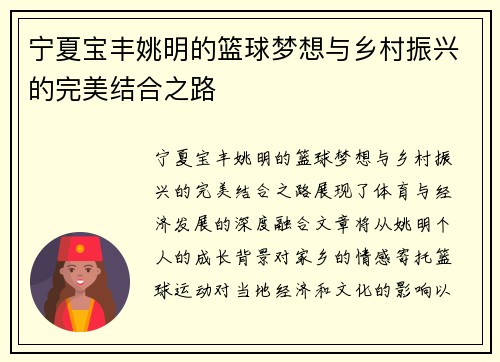 宁夏宝丰姚明的篮球梦想与乡村振兴的完美结合之路