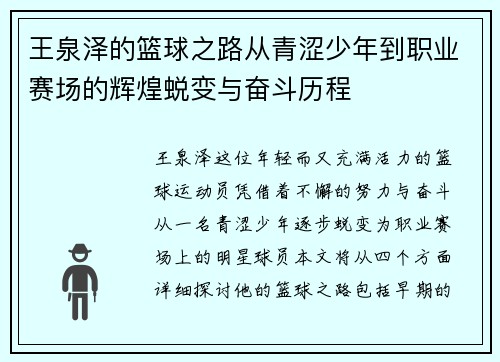 王泉泽的篮球之路从青涩少年到职业赛场的辉煌蜕变与奋斗历程